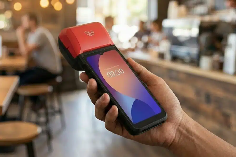 Hand holding a compact mini POS device in a coffee shop
